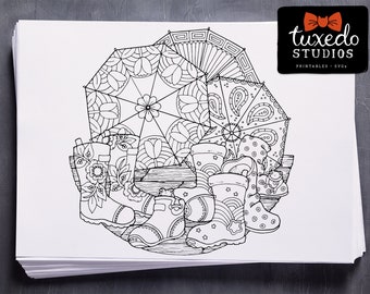Spring Showers Coloring Page • Adult Coloring Page • Printable Coloring Sheet • Instant Download • Frogs • Flowers • Umbrellas