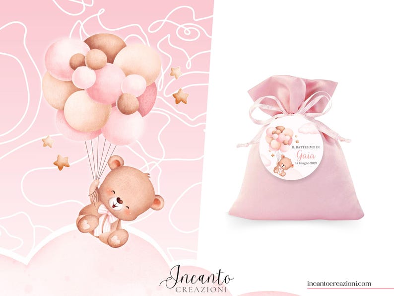 K&ouml;nnte beinhalten: Aquarell-Illustration eines Teddyb&auml;ren, der Ballons h&auml;lt, vor rosa Hintergrund. Ein rosa Gastgeschenkt&uuml;te mit einem Etikett mit der Aufschrift "Il Battesimo di Gaia" ist ebenfalls abgebildet. Thema: Babyparty oder Taufe.
