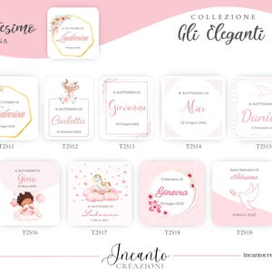 K&ouml;nnte beinhalten: Eine Sammlung von Tauftags mit floralen und goldenen Akzenten. Die Tags zeigen Namen wie Ludovica, Carlotta und Giovanna, mit Daten und dem Text "Battesimo Bambina". Die Tags sind quadratisch und in Rosat&ouml;nen gehalten.