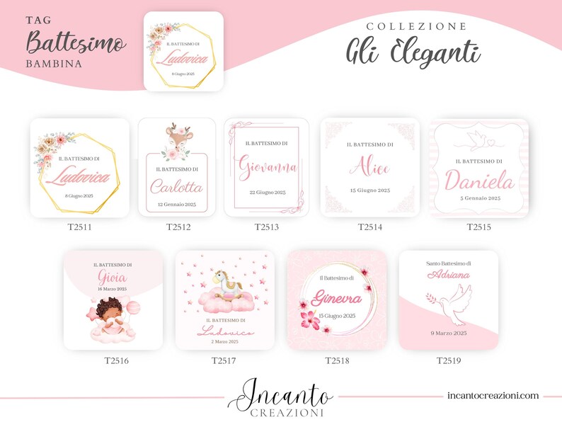 K&ouml;nnte beinhalten: Eine Sammlung von Tauftags mit floralen und goldenen Akzenten. Die Tags zeigen Namen wie Ludovica, Carlotta und Giovanna, mit Daten und dem Text "Battesimo Bambina". Die Tags sind quadratisch und in Rosat&ouml;nen gehalten.