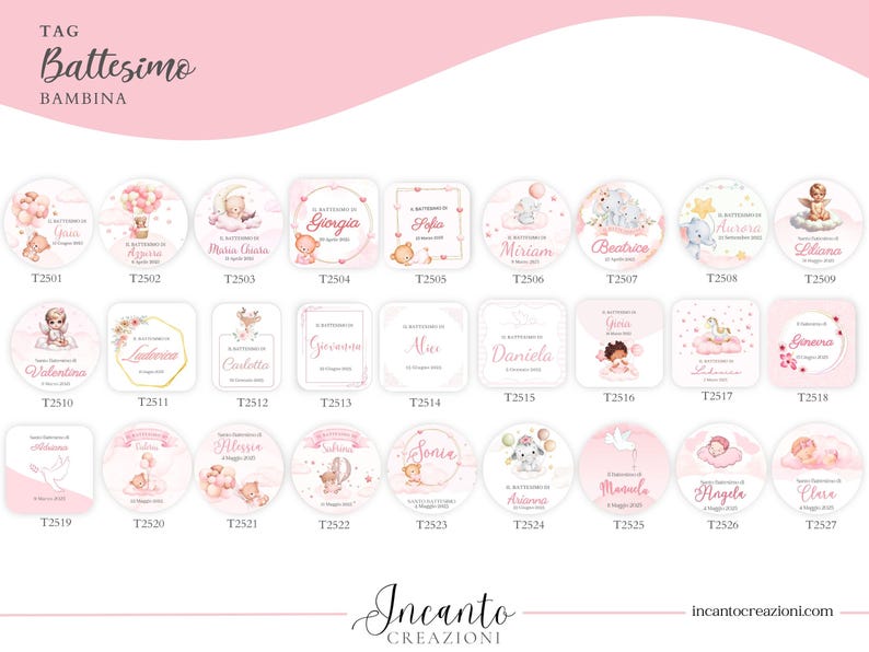 K&ouml;nnte beinhalten: Eine Sammlung von rosa und wei&szlig;en Tauftags mit verschiedenen Designs. Jedes Tag zeigt Illustrationen von Teddyb&auml;ren, Engeln und Luftballons sowie Namen und Daten. Die Tags sind rund und quadratisch, mit dem Text "Battesimo Bambina" oben.