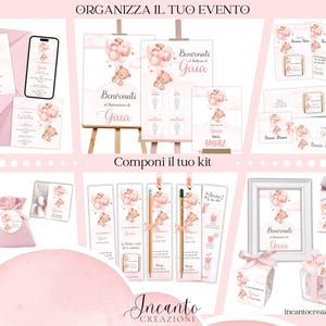 K&ouml;nnte beinhalten: Eine Sammlung rosa Event-Papeterie mit Teddyb&auml;r- und Ballon-Design. Enth&auml;lt Einladungen, Schilder, Lesezeichen und Gastgeschenkboxen. Der Text "Benvenuti a Gaia" ist auf mehreren Artikeln sichtbar. Das Thema ist eine Babyparty oder Taufe.