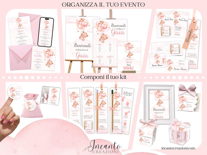 K&ouml;nnte beinhalten: Eine Sammlung rosa Event-Papeterie mit Teddyb&auml;r- und Ballon-Design. Enth&auml;lt Einladungen, Schilder, Lesezeichen und Gastgeschenkboxen. Der Text "Benvenuti a Gaia" ist auf mehreren Artikeln sichtbar. Das Thema ist eine Babyparty oder Taufe.