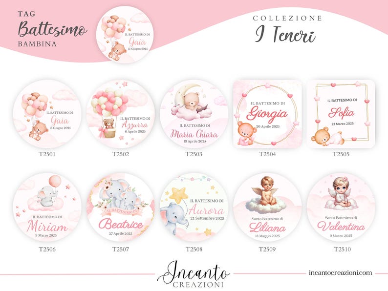 K&ouml;nnte beinhalten: Eine Sammlung von rosa und wei&szlig;en Tauftags mit Illustrationen von Teddyb&auml;ren, Elefanten und Engeln. Die Tags zeigen Namen und Daten, mit dem Text "Battesimo Bambina" oben.
