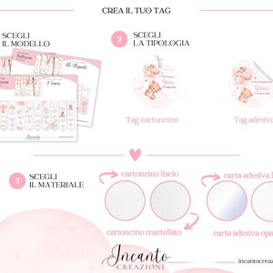 K&ouml;nnte beinhalten: Ein rosa-wei&szlig;es Design-Layout f&uuml;r individuelle Etiketten. Das Bild zeigt Optionen f&uuml;r Etikettenmodelle, -typen und -materialien. Der Text enth&auml;lt "CREA IL TUO TAG", "SCEGLI IL MODELLO", "SCEGLI LA TIPOLOGIA" und "SCEGLI IL MATERIALE".