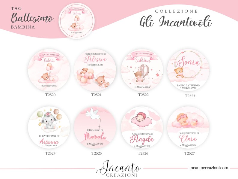 K&ouml;nnte beinhalten: Rosa und wei&szlig;e Tauch-Tags mit Illustrationen von Teddyb&auml;ren, Wolken und Luftballons. Die Tags enthalten Namen und Daten, mit dem Text "Battesimo Bambina" oben. Die Kollektion hei&szlig;t "Gli Incantevoli".
