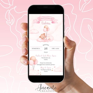 NUOVO Invito Battesimo Bambina, Invito Battesimo digitale, Invito Battesimo Whatsapp, Invito Battesimo orsetto, Invito Battesimo Palloncini