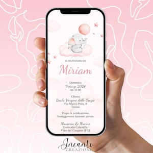 NUOVO Invito Battesimo Bambina, Invito Battesimo digitale, Invito Battesimo Whatsapp, Invito Battesimo Elefantino