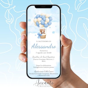 NUOVO Invito Battesimo Bambino, Invito Battesimo digitale, Invito Battesimo Whatsapp, Invito Battesimo Orsetto, Invito Battesimo Mongolfiera