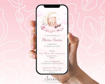 NEW Baby Girl Baptism Invitation, Digital Baptism Invitation, Whatsapp Baptism Invitation, Teddy Bear Baptism Invitation, Moon Baptism Invitation