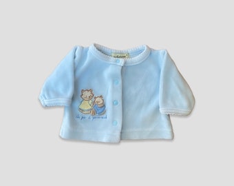 Vintage niño recién nacido Teddy bordado Cardigan Pastel azul recién nacido