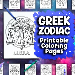 Páginas para colorear imprimibles del zodíaco griego para niños/Personajes y animales de astrología de dibujos animados/PDF de ilustraciones educativas listo para imprimir