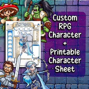 Hoja de personaje de D&D personalizada para juegos de rol, estilo de dibujos animados llamativos, imprimible, blanco y negro, opciones de color, excelente juego para colorear como regalo