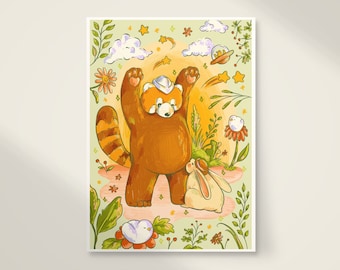 Red Panda and Rabbit - A4 Wall Art Print Unframed Children's Nursery Cute Animal Illustration Poster