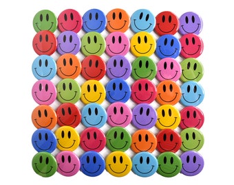 Smile Face Pin Badges x50 Colourful Bulk Wholesale Kids Party 32mm Badge Lot