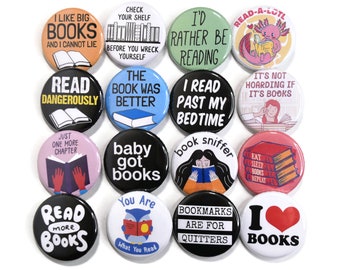 Book Lover Badges Set 16 x Pins Buttons Book Week Reader Gift