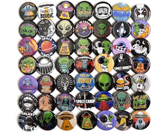 Space Alien Pin Badges x50 Bulk 32mm Party Badge Lot