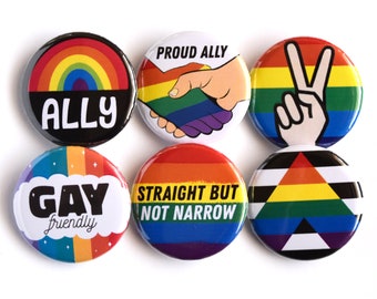 LGBTQ+ Gay Ally Badge Set 6 x 1.25 Inch Pinback Buttons Rainbow Straight Ally Flag