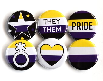 Non-Binary Pride Badge Set 6 x 1.25 Inch Pinback Buttons Flag They Them Pronouns