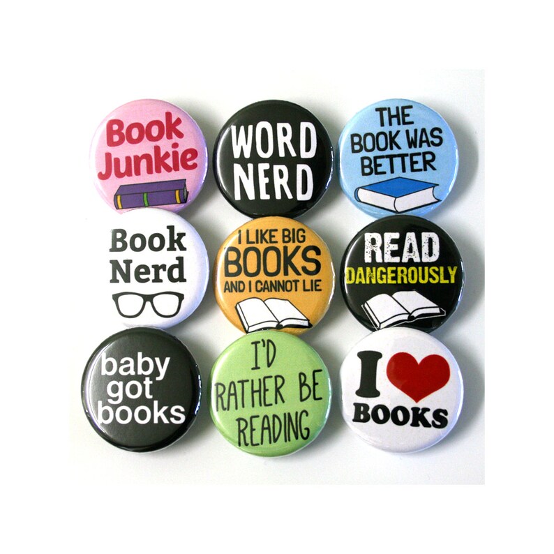 Book Nerd Bookworm Badges Buttons Pinbacks image 1