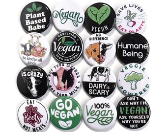 Vegan Animal Rights Badges Set 16 x Pins Buttons Plant Based