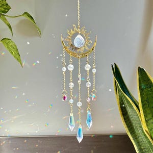 Gold Half Moon Suncatcher – Boho Hanging Window Decor, Crystal Rainbow Maker, Celestial Wall Art, Housewarming Gift, Handmade Sun Catcher