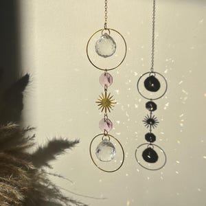 Pink Crystal Sun and Moon Suncatcher – Boho Rainbow Maker Gemstone Window Hanging Celestial Decor Handmade Gift Idea
