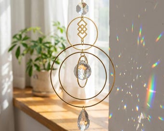 Acchiappasole in cristallo • Decorazione per finestra con prisma arcobaleno in stile boho • Acchiappasole moderno in vetro da appendere
