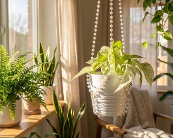 Hanging Window Plant Hanger Decor Boho Pearl Macrame Plant Holder Indoor Window Decor Unique Gift for Plant Lovers Sunlight Decor