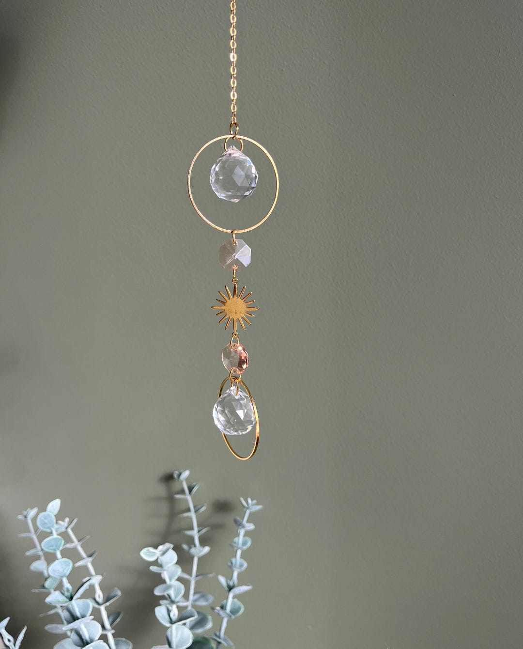 Pink Crystal Sun and Moon Suncatcher – Boho Rainbow Maker Gemstone ...