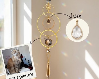 Custom Gold Memorial Suncatcher – Crystal Prism Window Hanging with Small Urn for Ashes or Fur Keepsake Gift