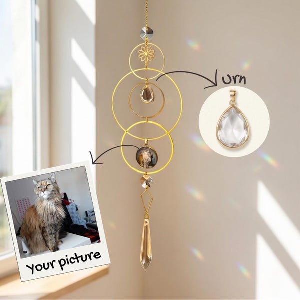 Custom Gold Memorial Suncatcher – Crystal Prism Window Hanging with Small Urn for Ashes or Fur Keepsake Gift