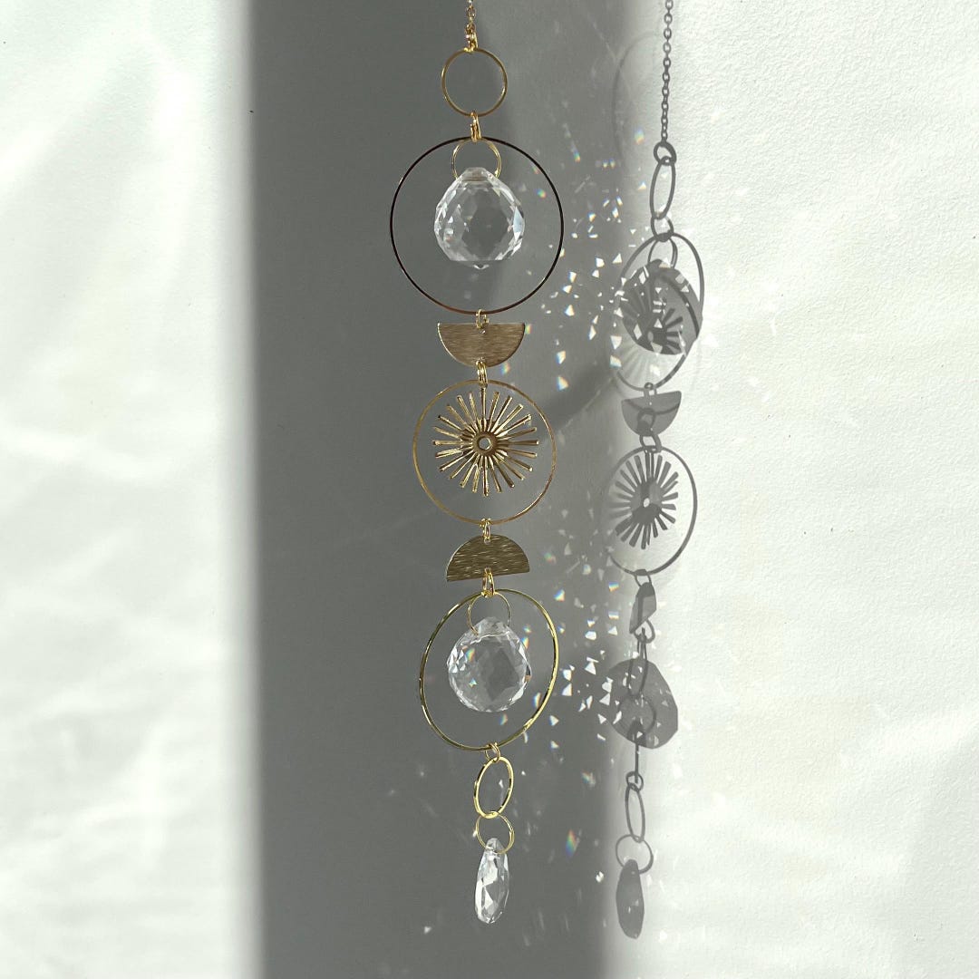 Golden Celestial Moon Suncatcher • Crystal Rainbow Light Maker • Boho ...