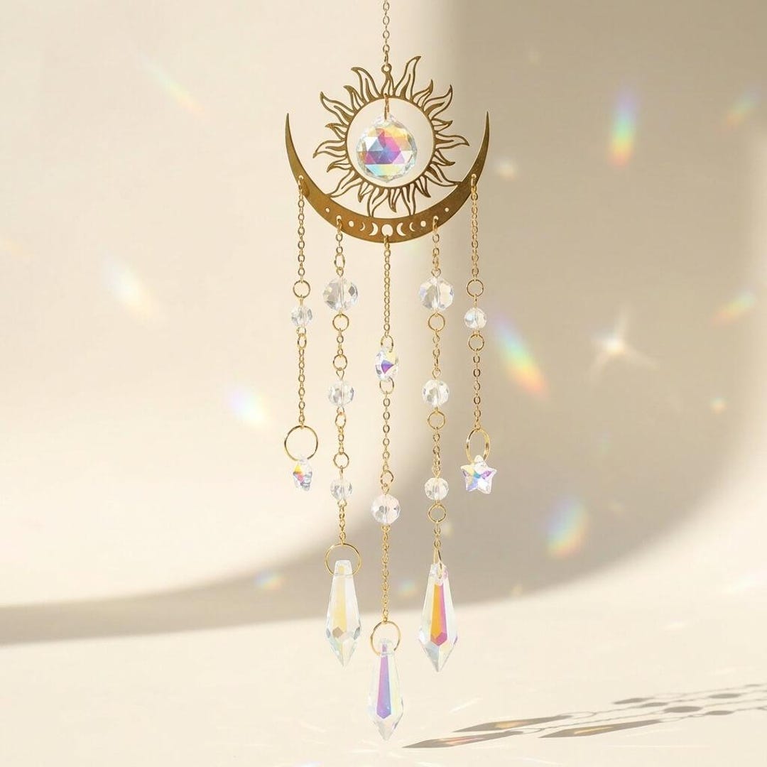 Gold Half Moon Suncatcher – Boho Hanging Window Decor, Crystal Rainbow ...