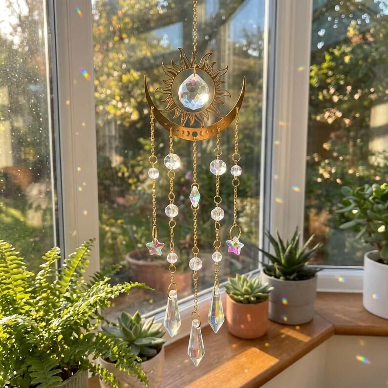 Gold Half Moon Suncatcher – Boho Hanging Window Decor, Crystal Rainbow ...