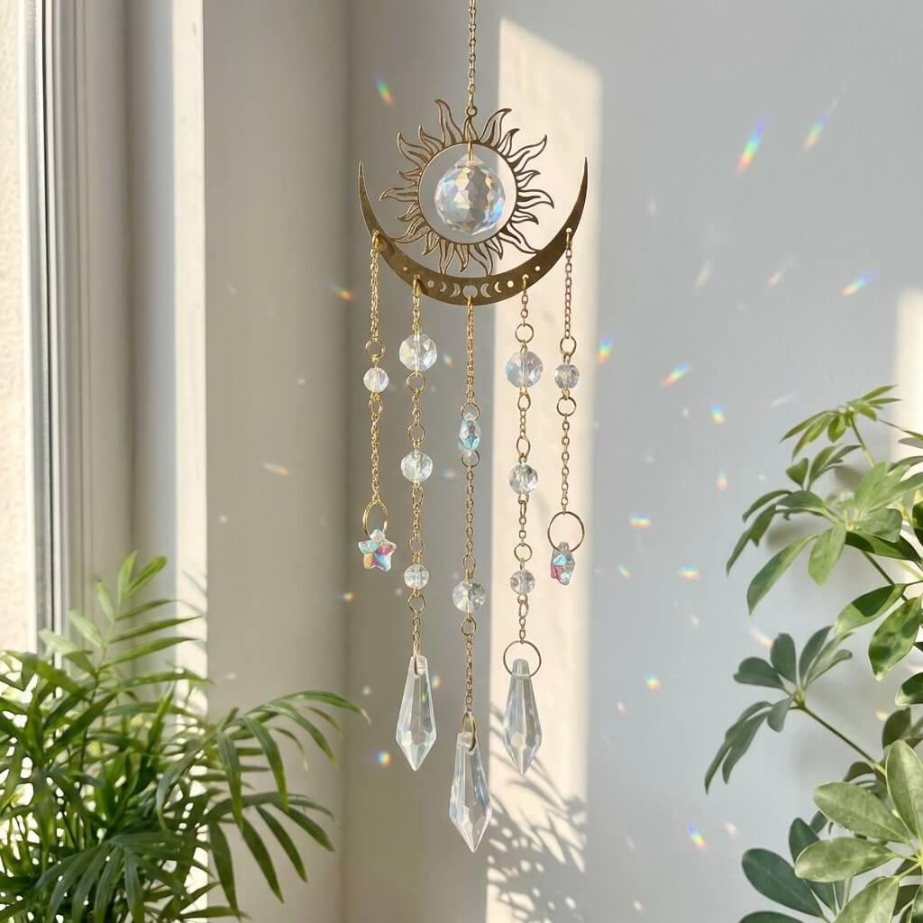 Gold Half Moon Suncatcher – Boho Hanging Window Decor, Crystal Rainbow ...
