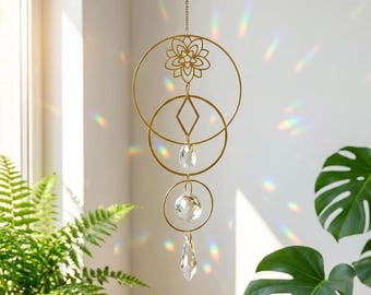 Crystal Lotus Suncatcher: Geometric Glass Prism Window Hanging Decor
