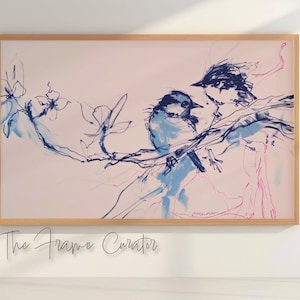 Contemporary Sketch 'Bluebirds' Frame TV art. Stylish and uplifting abstract, spring artwork for Samsung Frame TV or other 16:9 screens