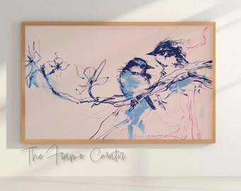 Contemporary Sketch 'Bluebirds' Frame TV art. Stylish and uplifting abstract, spring artwork for Samsung Frame TV or other 16:9 screens