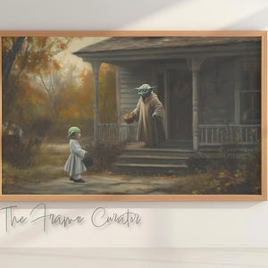 May include: A green-skinned alien character dressed in a brown robe, holding a basket of fruit, stands on a porch, greeting a child dressed in a white dress and a green hat. The scene is set in a suburban neighborhood with autumn leaves on the ground.