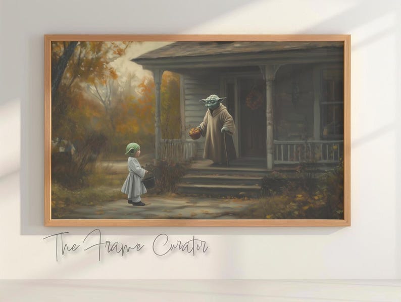 May include: A green-skinned alien character dressed in a brown robe, holding a basket of fruit, stands on a porch, greeting a child dressed in a white dress and a green hat. The scene is set in a suburban neighborhood with autumn leaves on the ground.