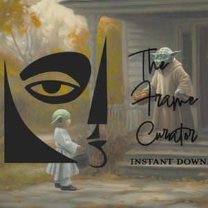 May include: A green-skinned alien character, Yoda, stands on a porch holding a basket of fruit. A young child in a green and white costume stands in front of Yoda, holding a bucket. The text "The Frame Curator" is written in black cursive on the image. The text "INSTANT DOWNLOAD" is written in white on a black background.