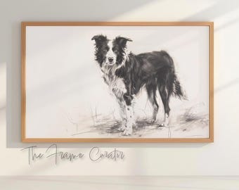 Border Collie Dog charcoal sketch drawing for Frame TV. Black and white digital artwork for Samsung Frame TV and other 16:9 displays.