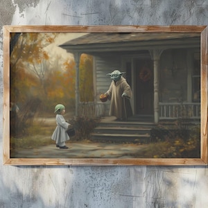 May include: A framed painting of a green alien character, Yoda, standing on a porch and holding a basket of fruit. A child in a green hat and a white dress stands in front of Yoda, holding a small bucket.