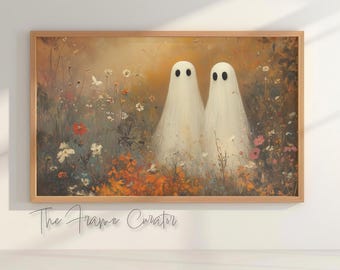 Halloween Special oil painting 'Ghosted Romantics'. Cute, romantic artwork for spooky season  for Samsung Frame TV and other 16:9 displays
