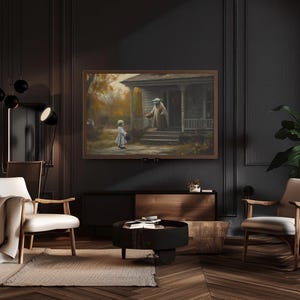 May include: A framed painting of a green alien character in a brown robe standing on a porch, greeting a child in a blue dress. The painting is set in a dark room with two armchairs and a coffee table.