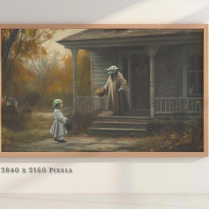 May include: A green alien character, Yoda, dressed in a brown robe, stands on the porch of a house, handing a small child in a green and white dress a bucket. The child is holding a bucket and smiling. The scene is set in a suburban neighborhood with autumn leaves on the ground.