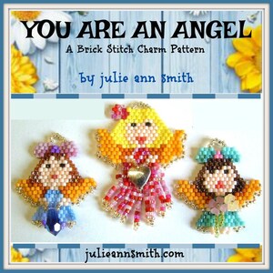 May include: Three beaded angel charms with wings, each with a different coloured dress and hair. The angel on the left is wearing a blue dress with a purple bow, the middle angel is wearing a pink dress with a yellow bow, and the angel on the right is wearing a turquoise dress with a brown bow. The charms are made with brick stitch beading and are a craft project.