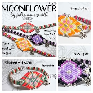 Peut inclure: Trois bracelets en perles avec des motifs géométriques colorés. Les bracelets sont réalisés en point de brique et en perles super duo. Les bracelets sont étiquetés "Bracelet #1", "Bracelet #2" et "Bracelet #3".