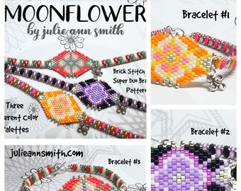Julie Ann Smith Designs MOONFLOWER Brick Stitch Motif with a SUPER DUO Bracelet Band Pattern